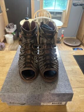 freebird Brown Open-Toe Strappy Ankle Booties WAZEE